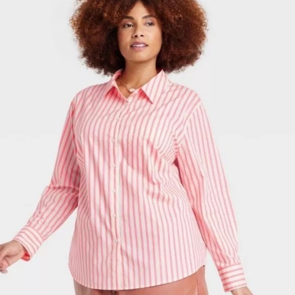 Women's Slim Fit Striped Boyfriend Tailored Button Down Shirt A New Day XXL